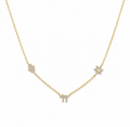Gold tone 3 Pavé Charm Choker Necklace with Hamsa, Chai, and Star of David charms on a white background.