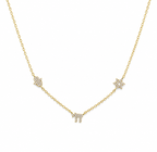 Gold tone 3 Pavé Charm Choker Necklace with Hamsa, Chai, and Star of David charms on a white background.