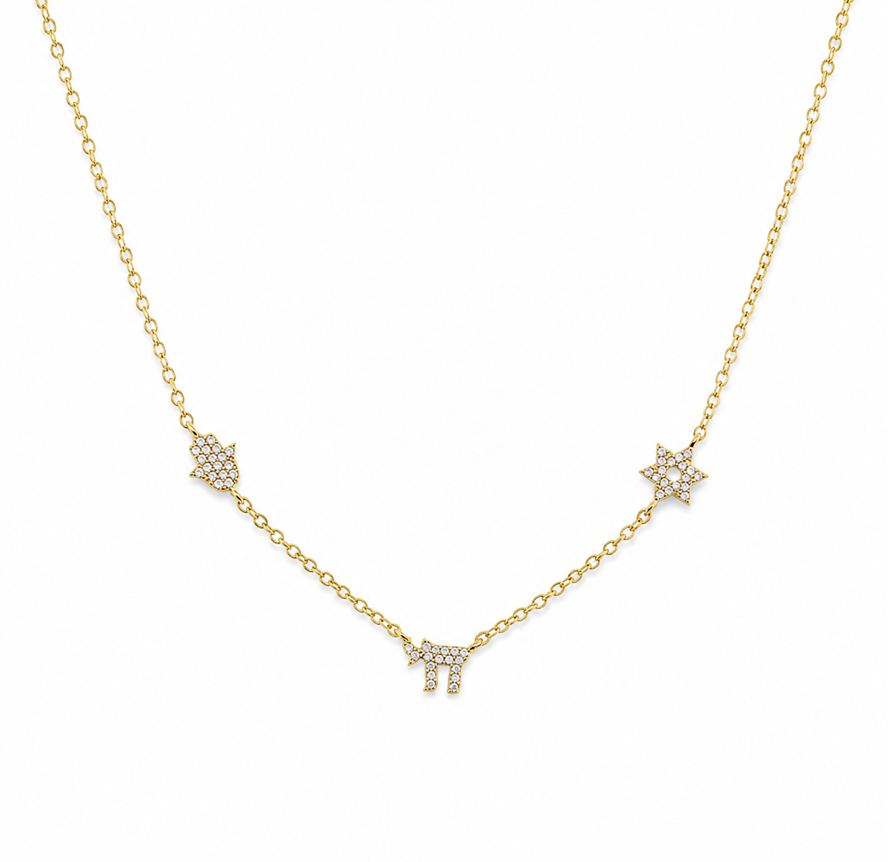 Gold tone 3 Pavé Charm Choker Necklace with Hamsa, Chai, and Star of David charms on a white background.