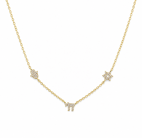 Gold tone 3 Pavé Charm Choker Necklace with Hamsa, Chai, and Star of David charms on a white background.