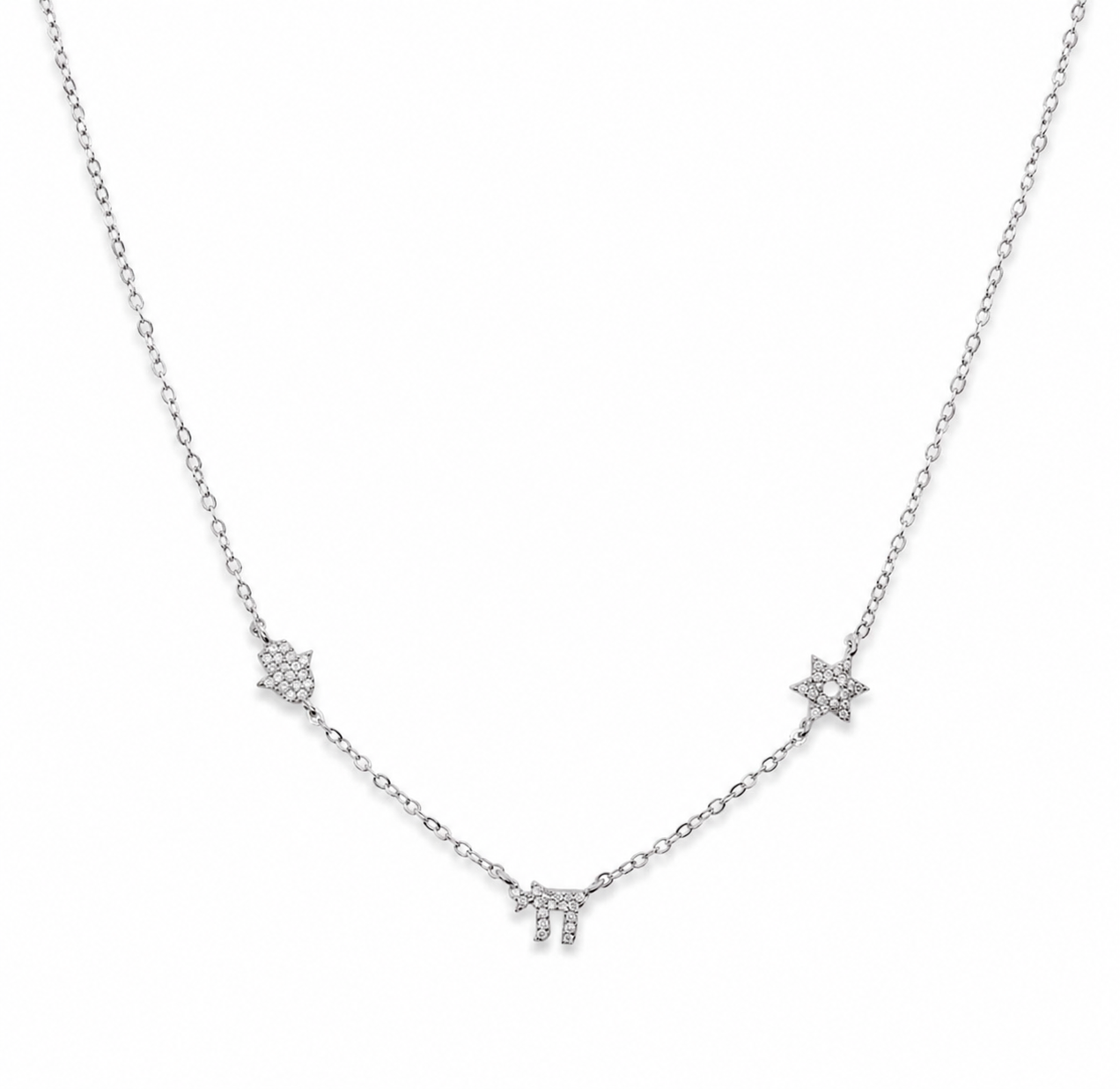 Silver tone 3 Pavé Charm Choker Necklace with Hamsa, Chai, and Star of David charms on a white background.