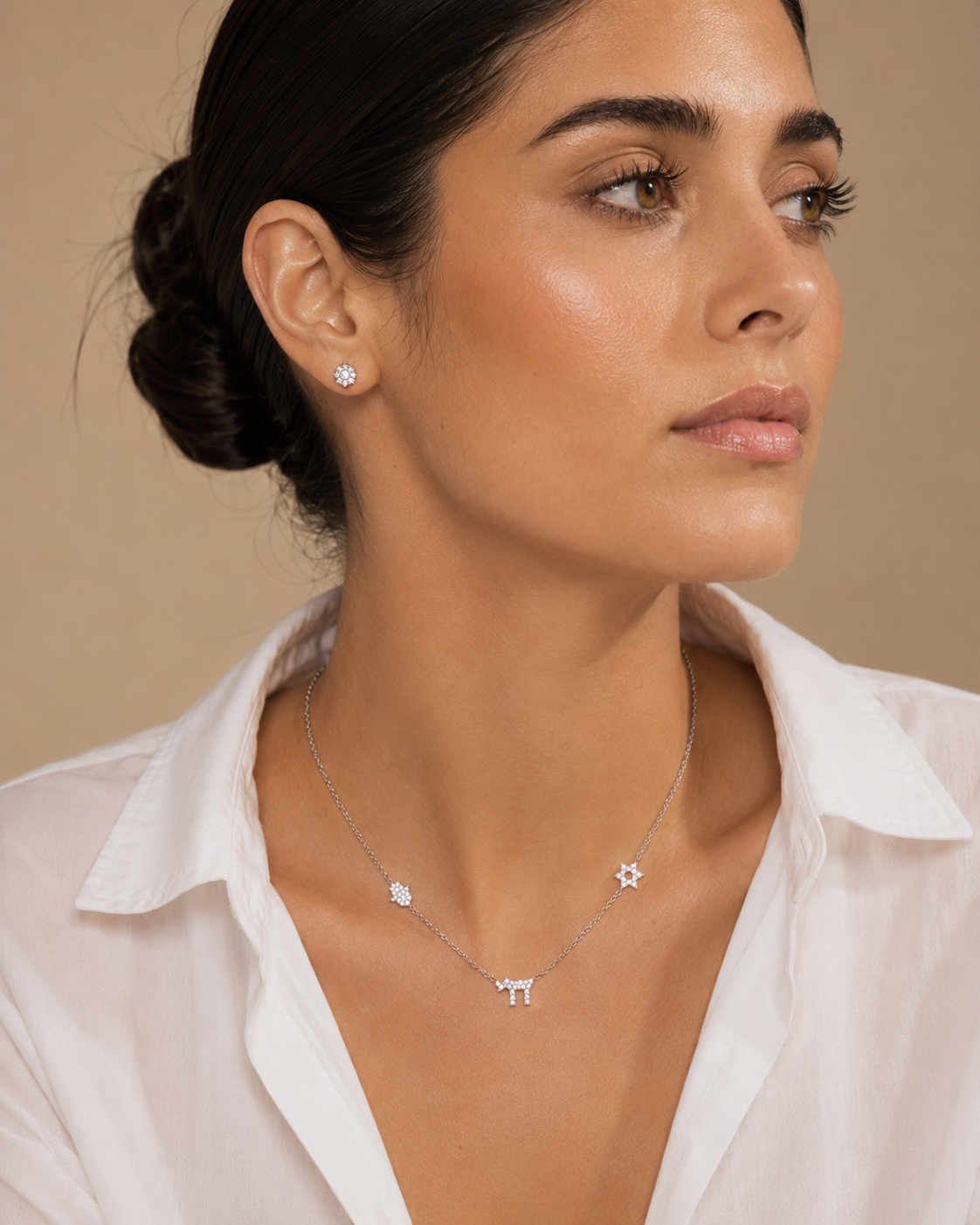 Model wearing the silver tone 3 Pavé Charm Choker Necklace.