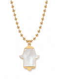 MOP Hamsa Necklace featuring a Hamsa pendant with mother of pearl-style inlay on a gold tone ball chain.