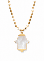 MOP Hamsa Necklace featuring a Hamsa pendant with mother of pearl-style inlay on a gold tone ball chain.