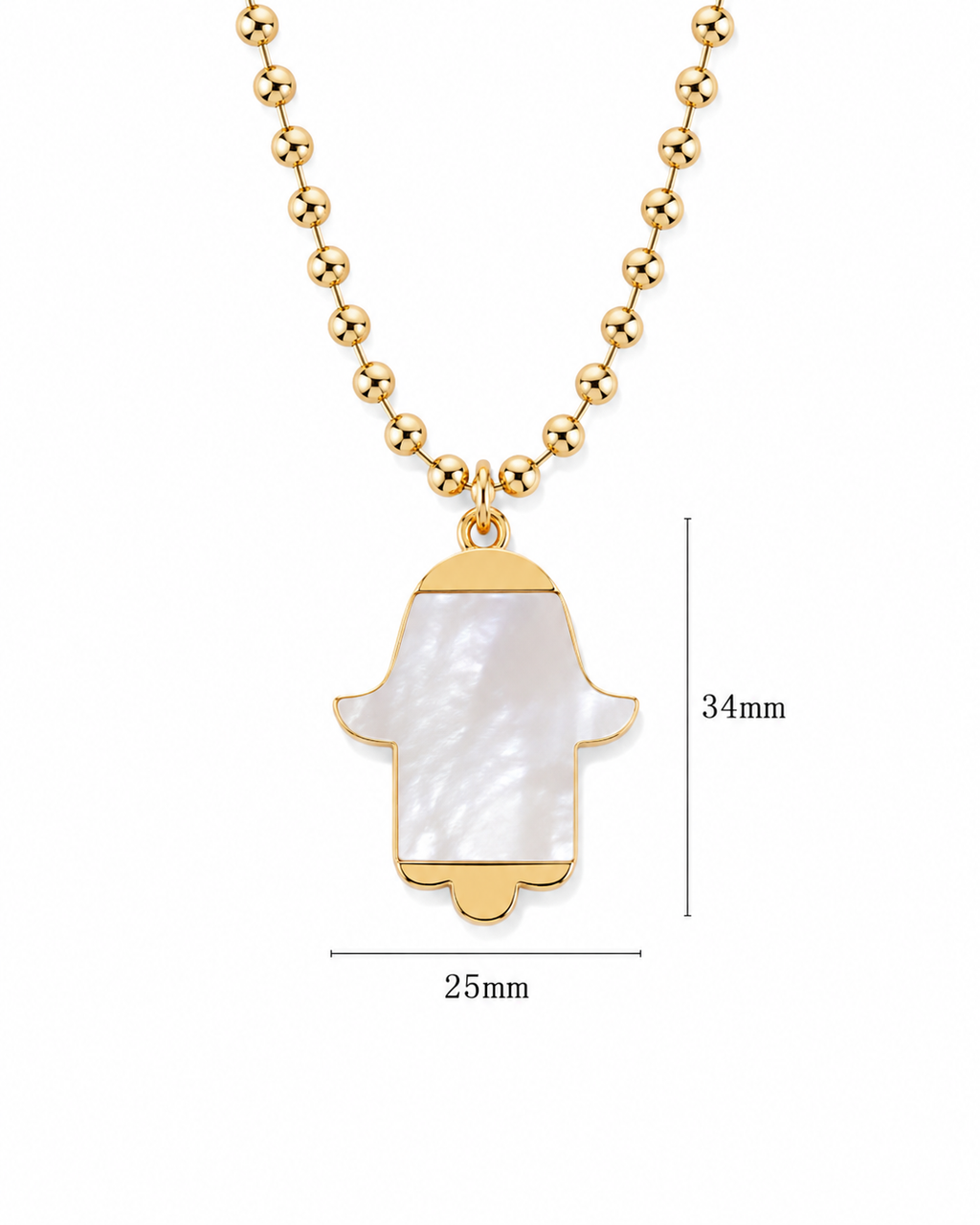 MOP Hamsa Necklace shown with pendant dimensions.