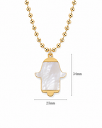 MOP Hamsa Necklace shown with pendant dimensions.