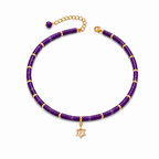 Noa Star of David Beaded Choker Necklace with amethyst beads and gold tone charm.