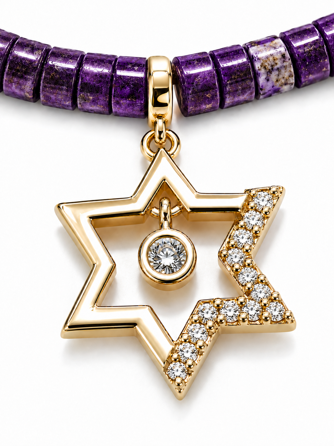 Close-up of Noa Amethyst Beaded Choker with gold tone Star of David charm.