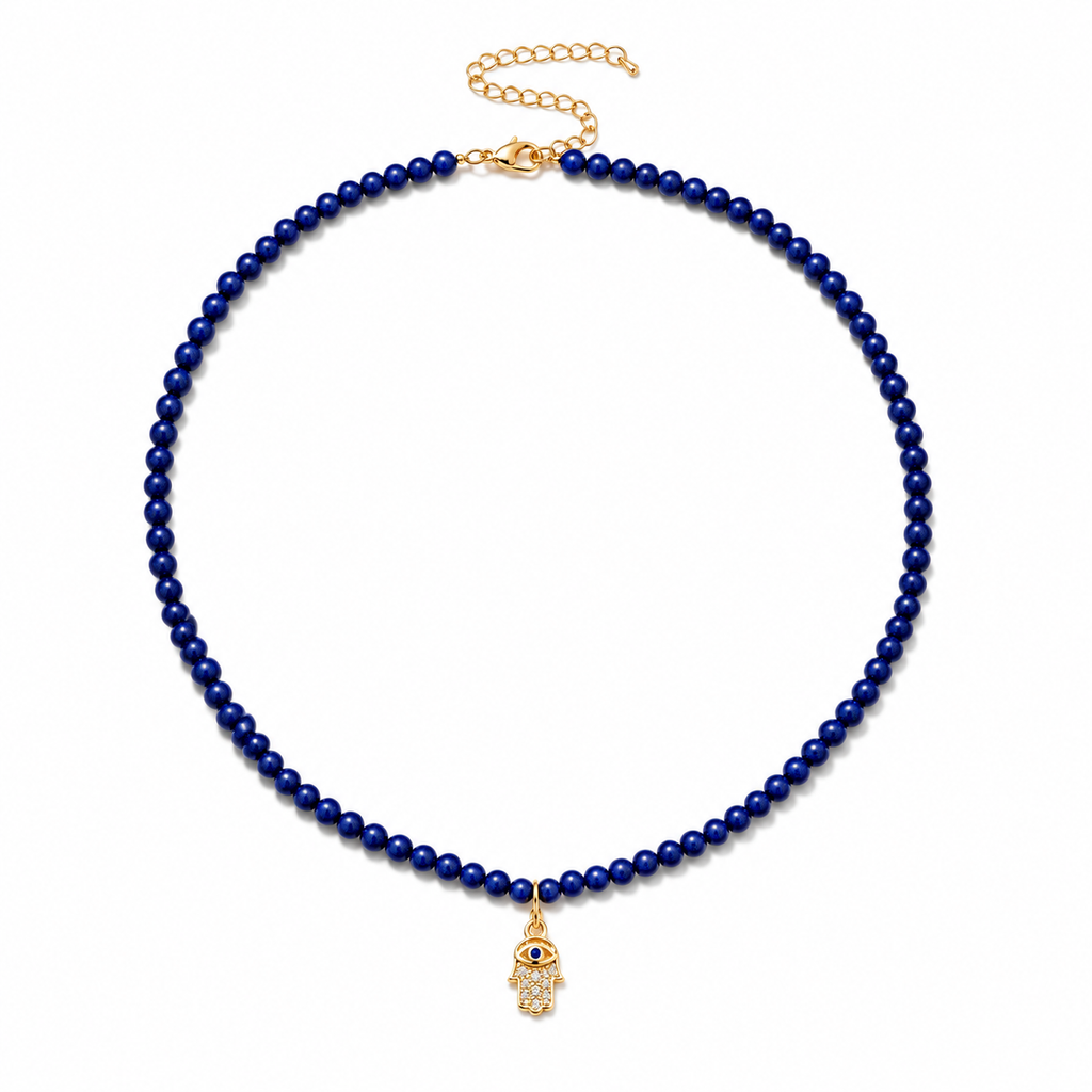 Adele Hamsa Beaded Necklace in Lapis with gold tone Hamsa charm.