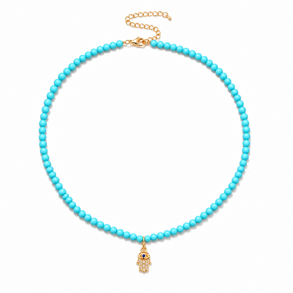 Adele Hamsa Beaded Necklace in Turquoise with gold tone Hamsa charm.