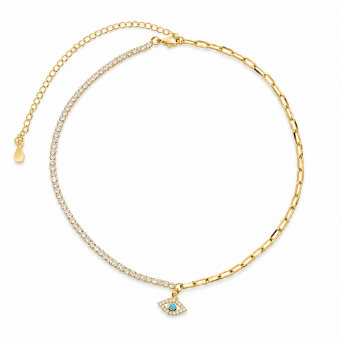 Adi Evil Eye Choker Necklace in Gold Tone with CZ tennis and paper clip chain.