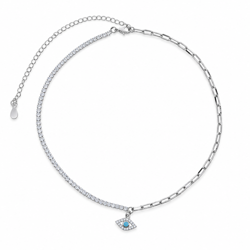 Adi Evil Eye Choker Necklace in Silver Tone with CZ tennis and paper clip chain.