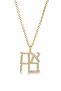 Gold tone Ahava Love Necklace with pavé-set Hebrew letters on a white background.