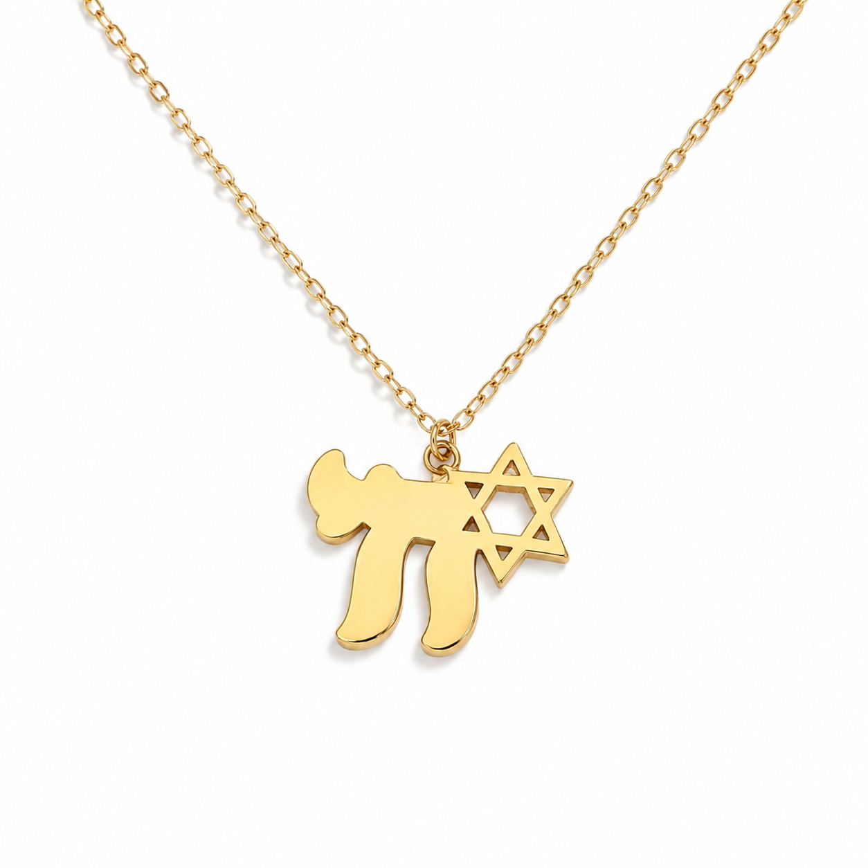 Gold tone Am Yisrael Chai necklace featuring a Chai and Star of David (Magen David) pendant on an adjustable chain against a white background.