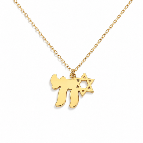 Gold tone Am Yisrael Chai necklace featuring a Chai and Star of David (Magen David) pendant on an adjustable chain against a white background.