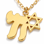 Close-up of the gold tone Chai and Star of David (Magen David) pendant.
