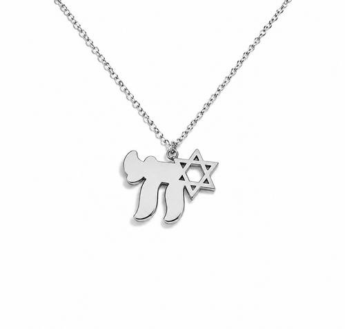 Silver tone Am Yisrael Chai necklace featuring a Chai and Star of David pendant on an adjustable chain against a white background.