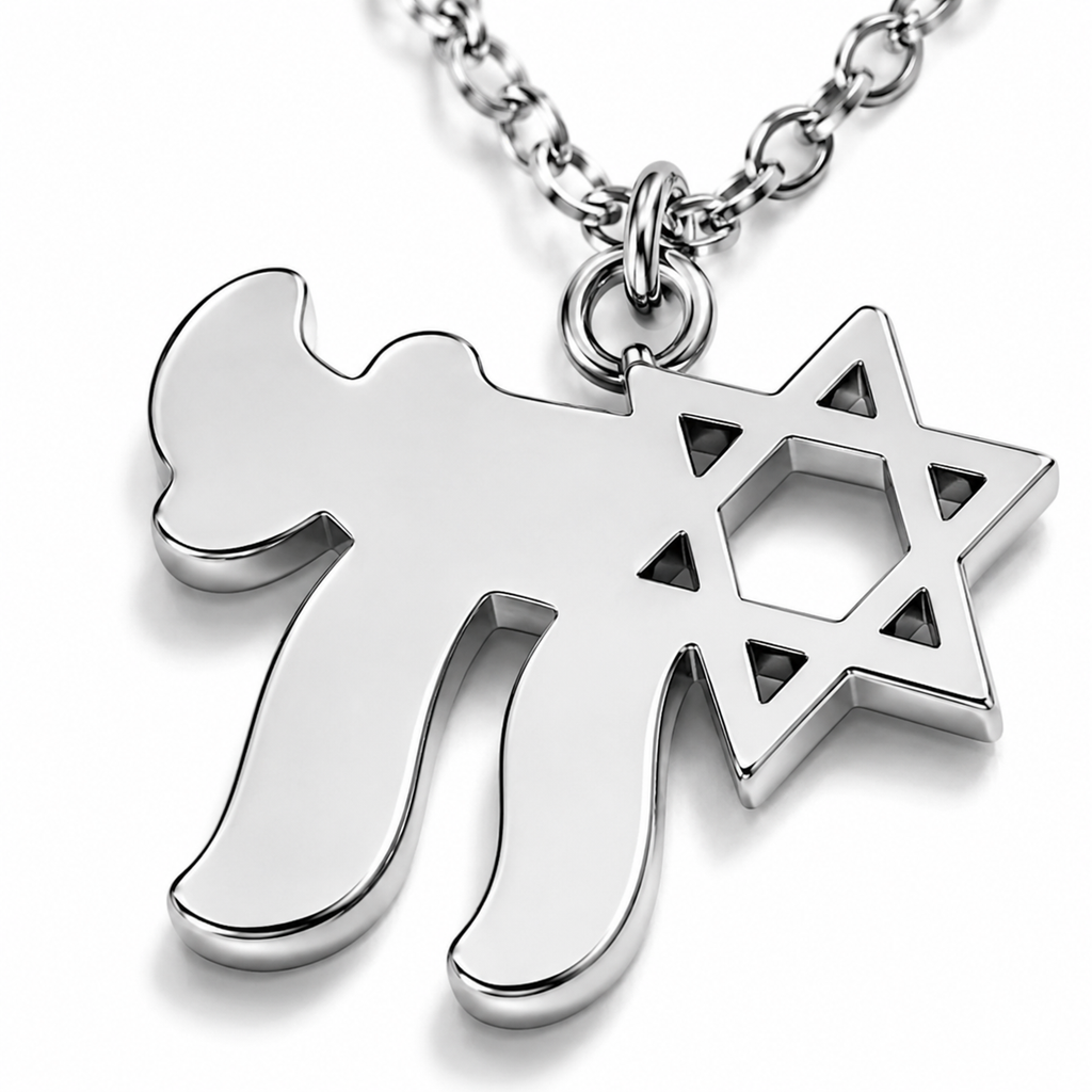 Close-up of the silver tone Chai and Star of David (Magen David) pendant.