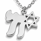 Close-up of the silver tone Chai and Star of David (Magen David) pendant.