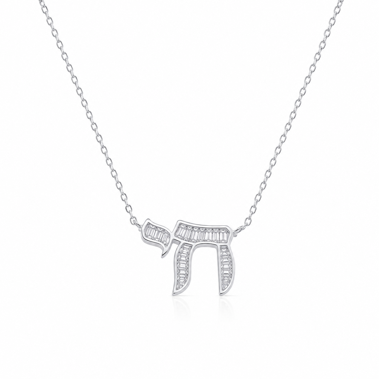 Silver tone Baguette Chai Necklace with baguette-cut stones on a white background.
