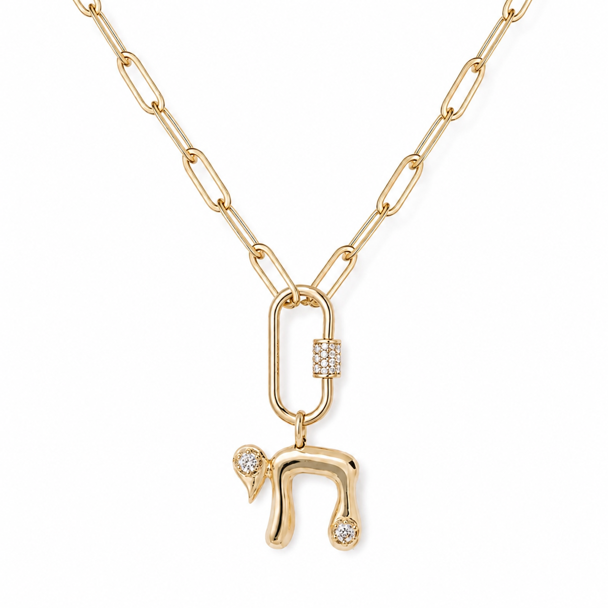 Gold tone Bubble Chai Lariat Necklace with pavé detailing on a white background.