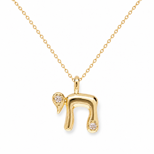 Bubble Chai Necklace in Gold Tone with polished Chai pendant and cubic zirconia accents on white background.