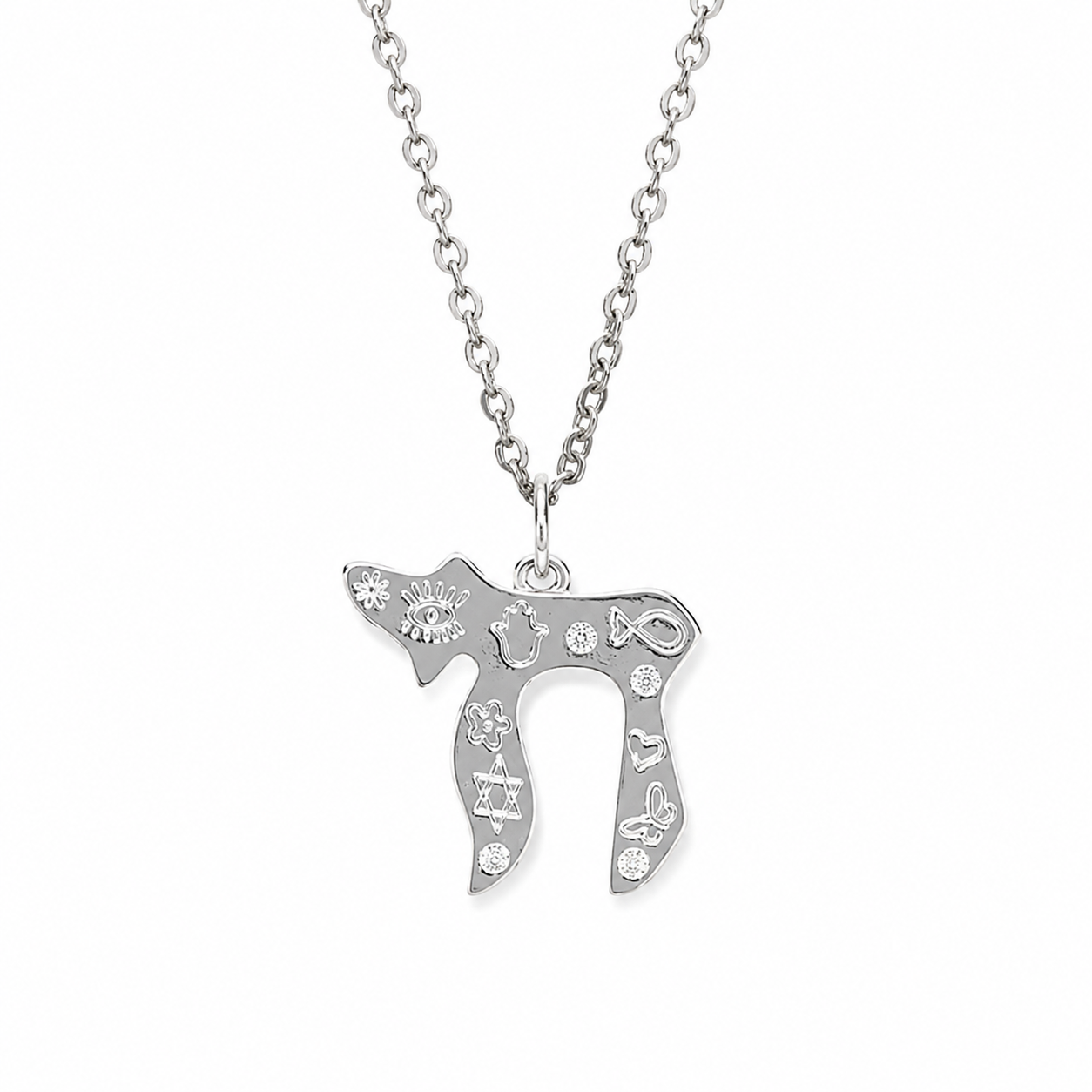 Silver tone Carved Chai Necklace with Star of David, Hamsa, Evil Eye, and fish symbols on a white background.