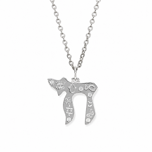 Silver tone Carved Chai Necklace with Star of David, Hamsa, Evil Eye, and fish symbols on a white background.
