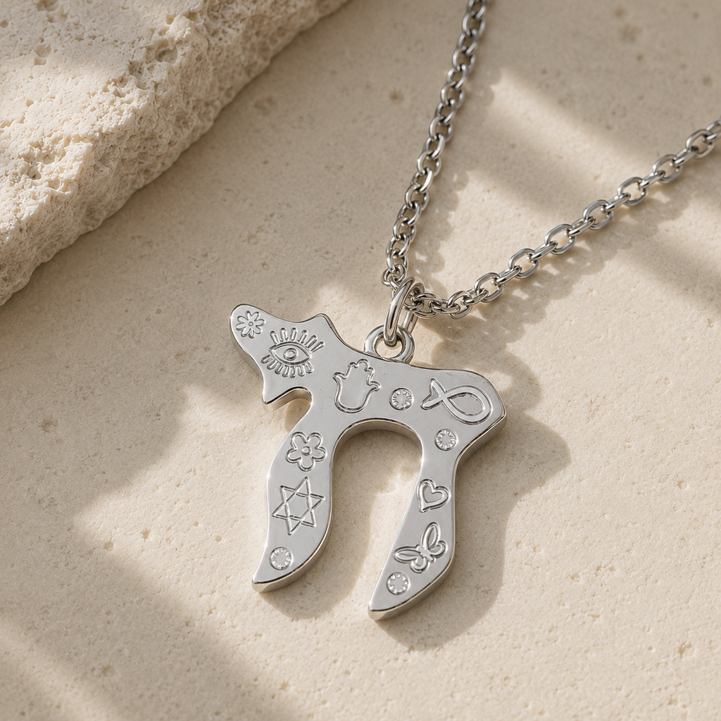 Silver tone Carved Chai Necklace styled on a natural stone surface.