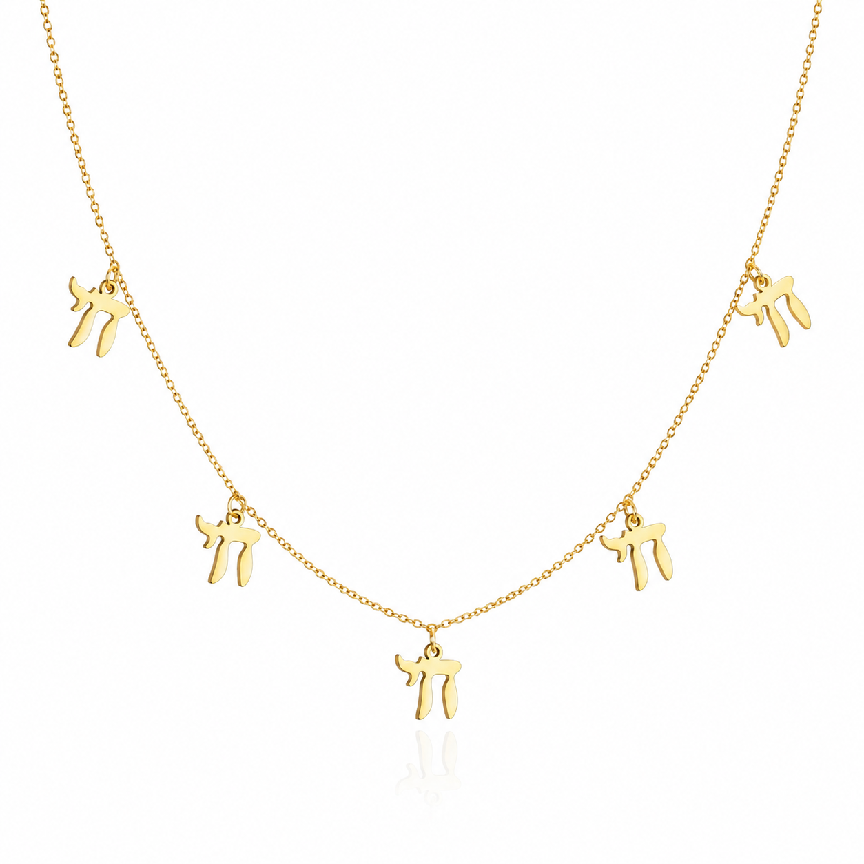 Gold tone “Chai on Life” Choker Necklace with five dangling Chai charms on a white background.