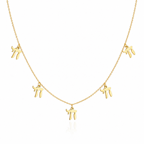 Gold tone “Chai on Life” Choker Necklace with five dangling Chai charms on a white background.