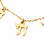 Close-up of the gold tone “Chai on Life” Choker Necklace with dangling Chai charms.