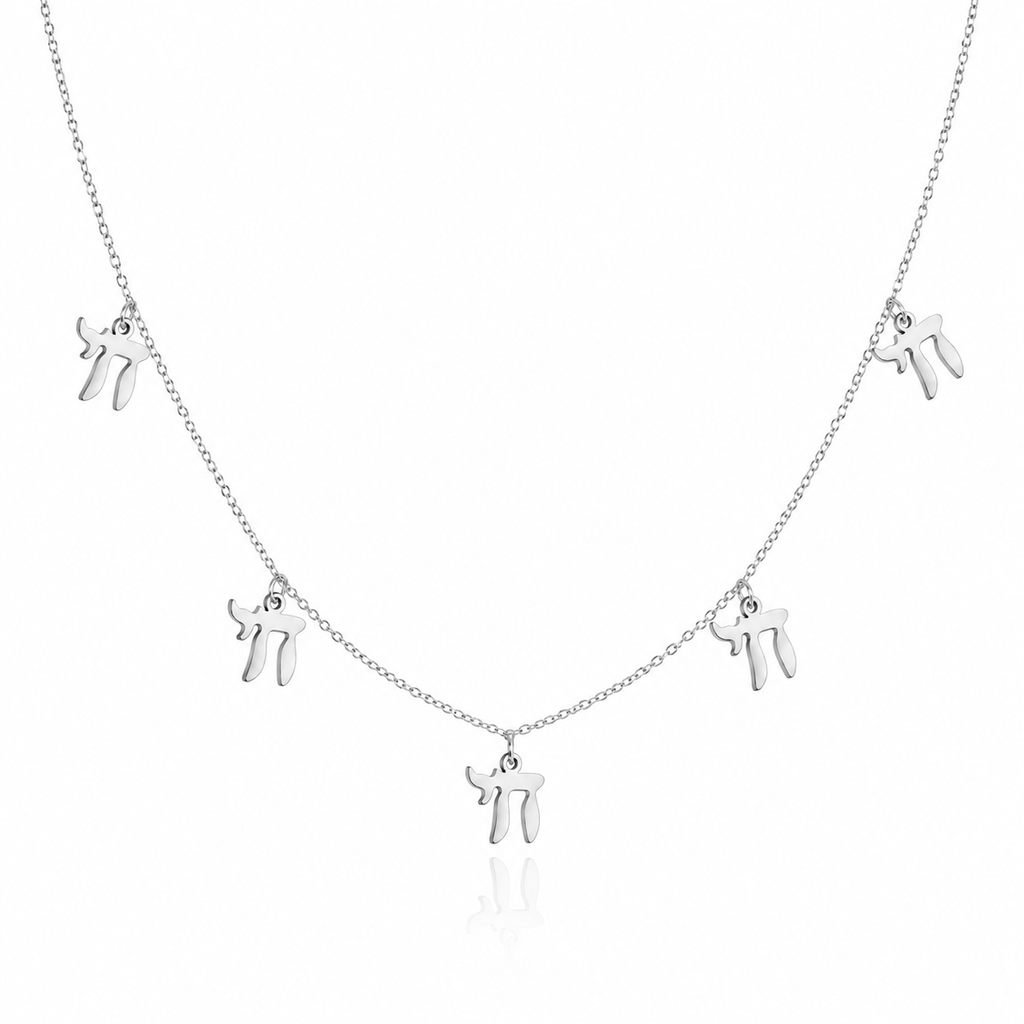 Silver tone “Chai on Life” Choker Necklace with five dangling Chai charms on a white background.