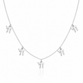Silver tone “Chai on Life” Choker Necklace with five dangling Chai charms on a white background.