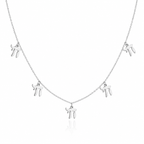 Silver tone “Chai on Life” Choker Necklace with five dangling Chai charms on a white background.