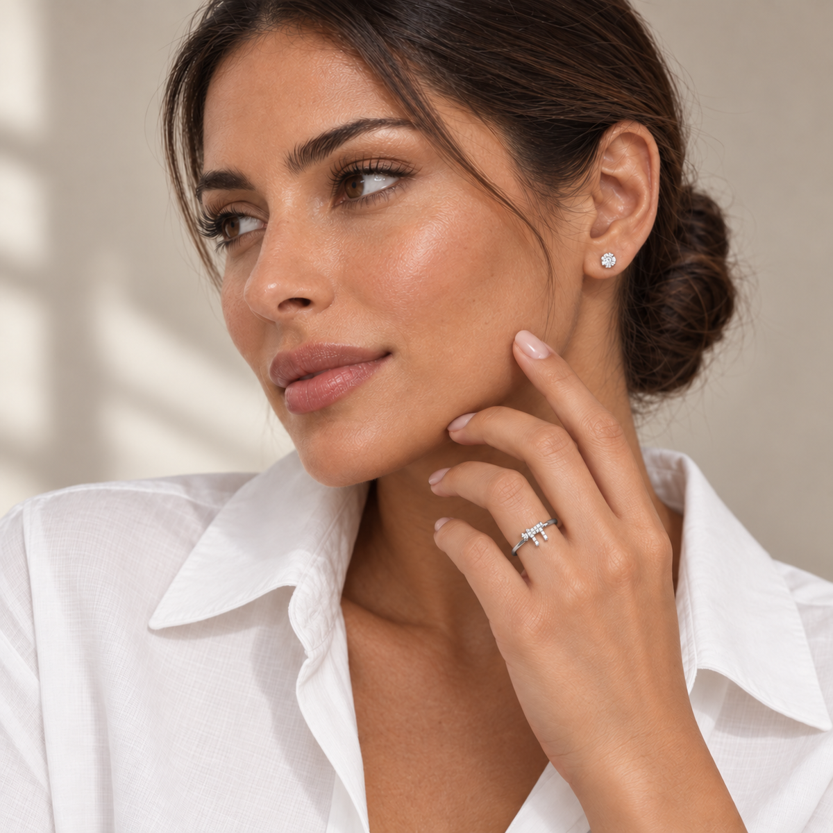 Silver tone Chai Pavé Ring worn on hand