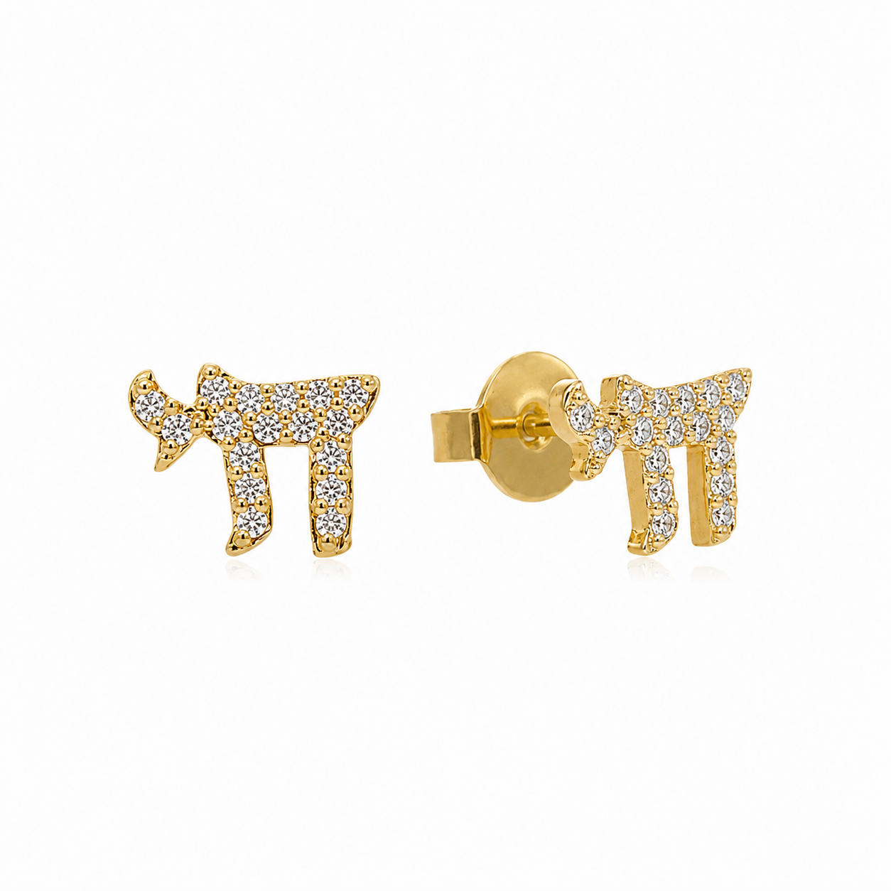 Gold tone Chai Pavé Stud Earrings with pavé-set stones on a white background.