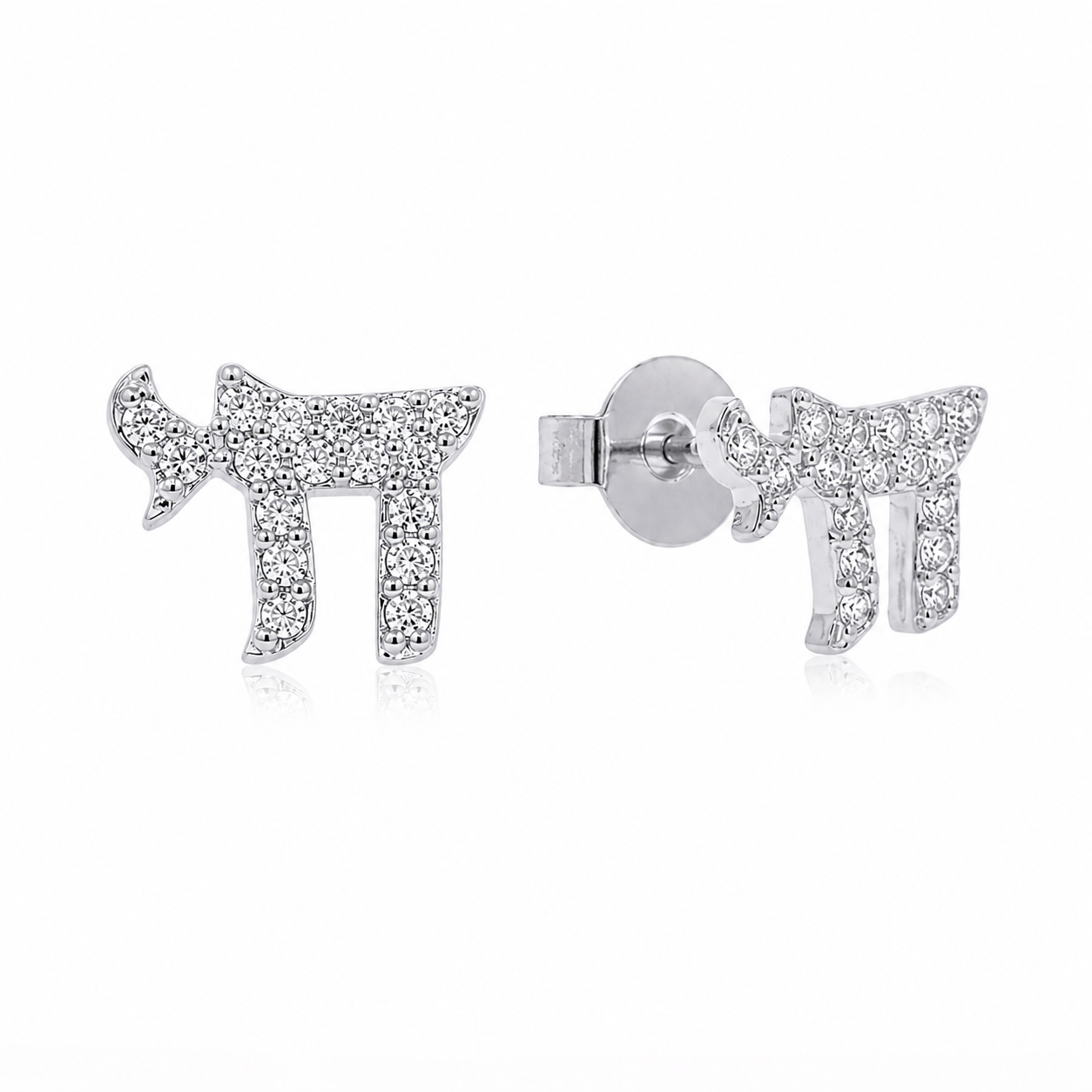 Silver tone Chai Pavé Stud Earrings with pavé-set stones on a white background.