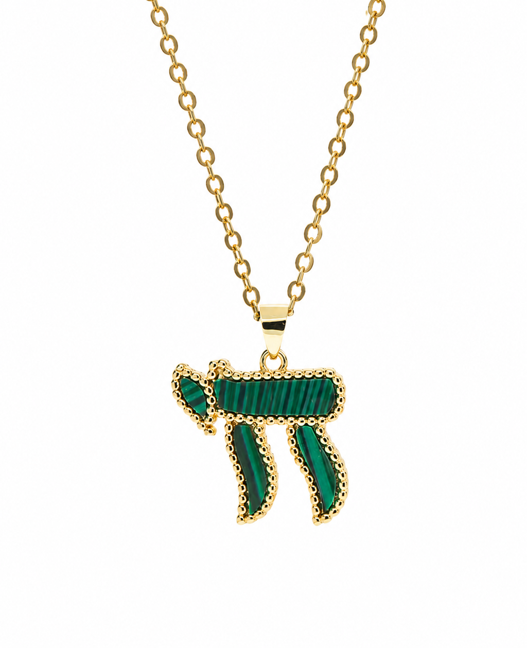 Gold tone Perlée Chai Necklace with green bead-like detailing on a white background.