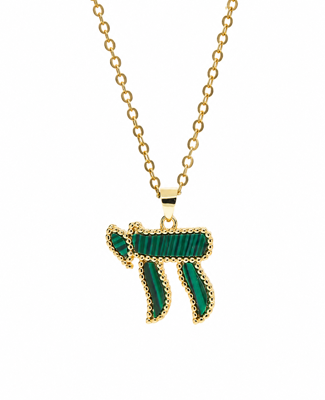 Gold tone Perlée Chai Necklace with green bead-like detailing on a white background.