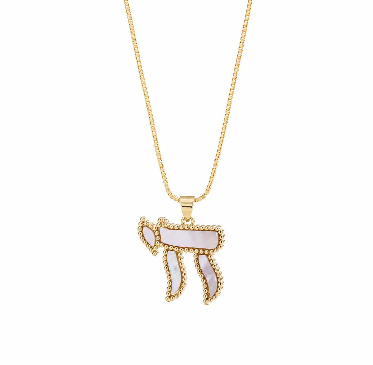 Gold tone Perlée Chai Necklace with white pearl-effect detailing on a white background.
