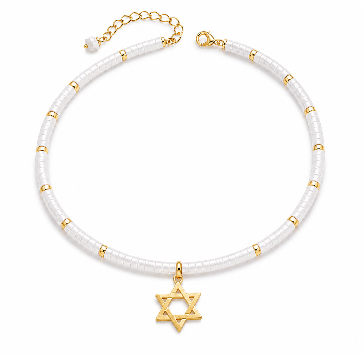 Clear quartz Dead Sea Magen David necklace with gold tone Star of David pendant on a white background.