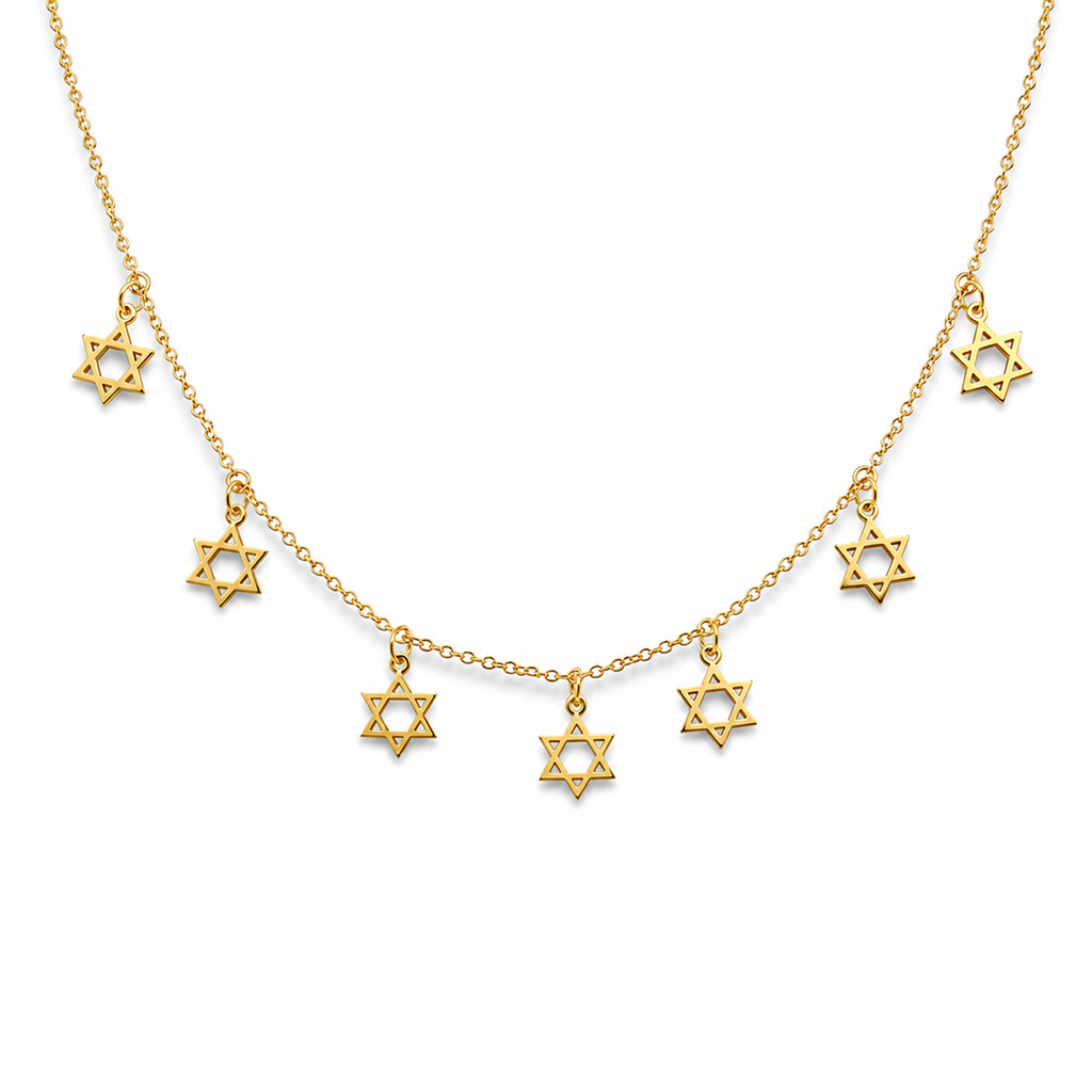 Gold Tone Divine Protection Necklace featuring seven Star of David charms on an adjustable cable link chain.