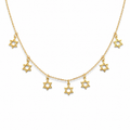Gold Tone Divine Protection Necklace featuring seven Star of David charms on an adjustable cable link chain.