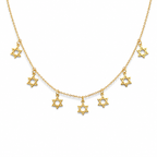 Gold Tone Divine Protection Necklace featuring seven Star of David charms on an adjustable cable link chain.