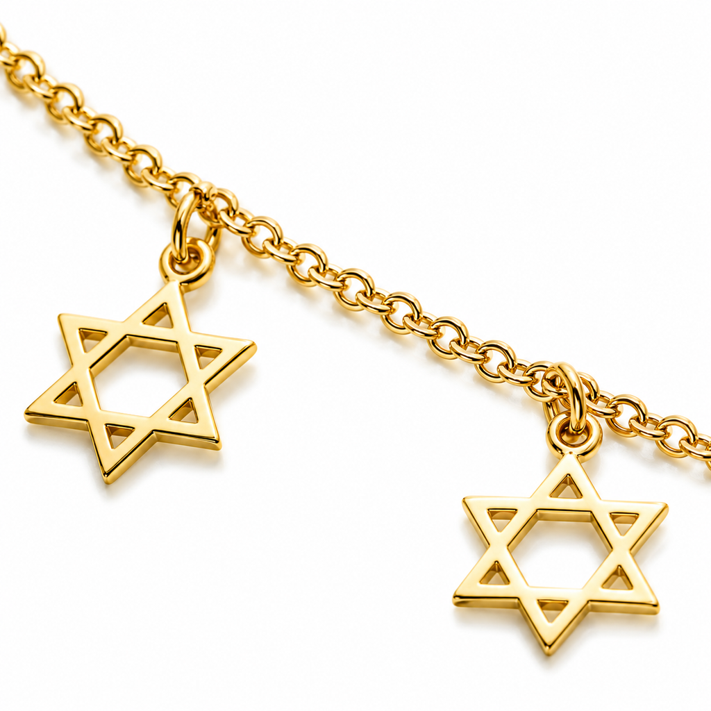 Close-up of the Star of David charms on the Gold Tone Divine Protection Necklace.