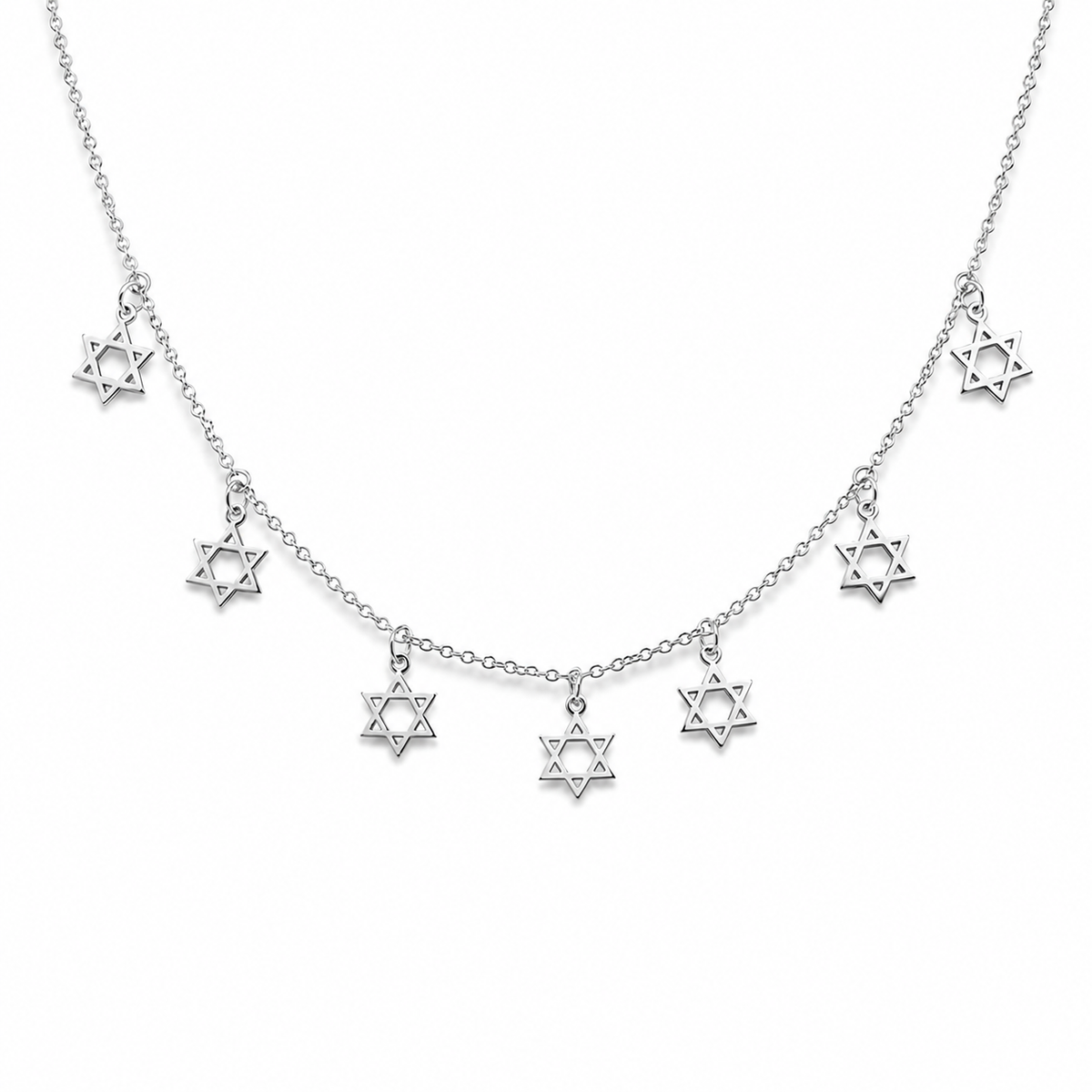 Silver Tone Divine Protection Necklace featuring seven Star of David charms on an adjustable cable link chain.