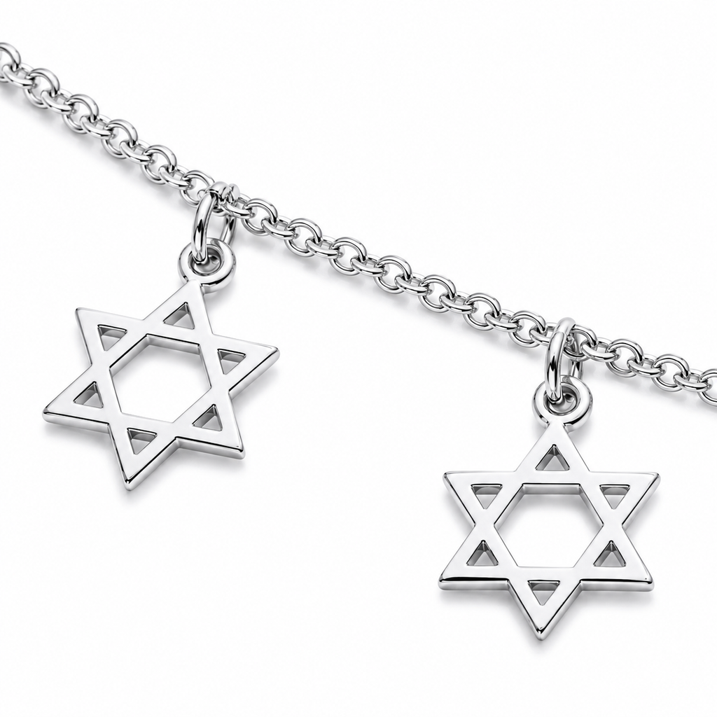 Close-up of the Star of David charms on the Silver Tone Divine Protection Necklace.