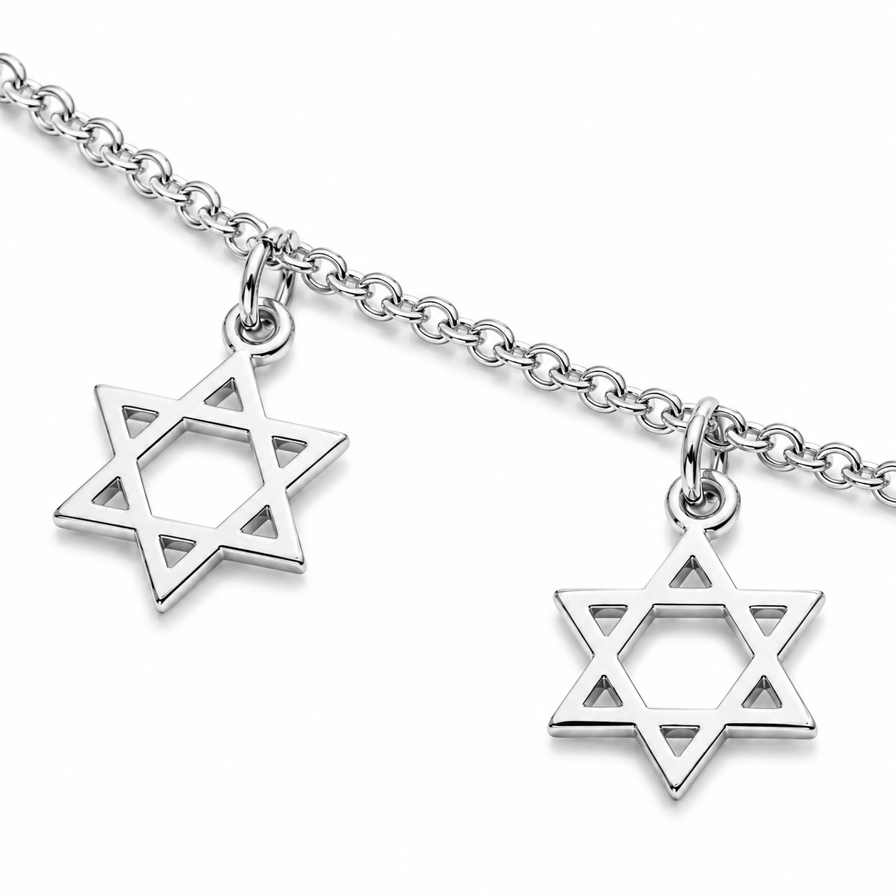 Close-up of the Star of David charms on the Silver Tone Divine Protection Necklace.