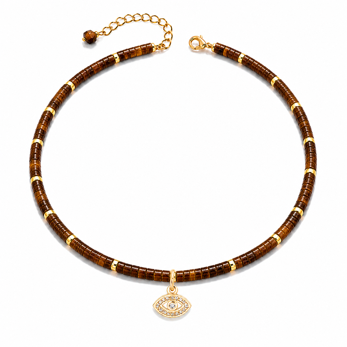 Eden Evil Eye Beaded Choker Necklace with Tiger's Eye gemstone beads and gold tone evil eye charm on a white background.
